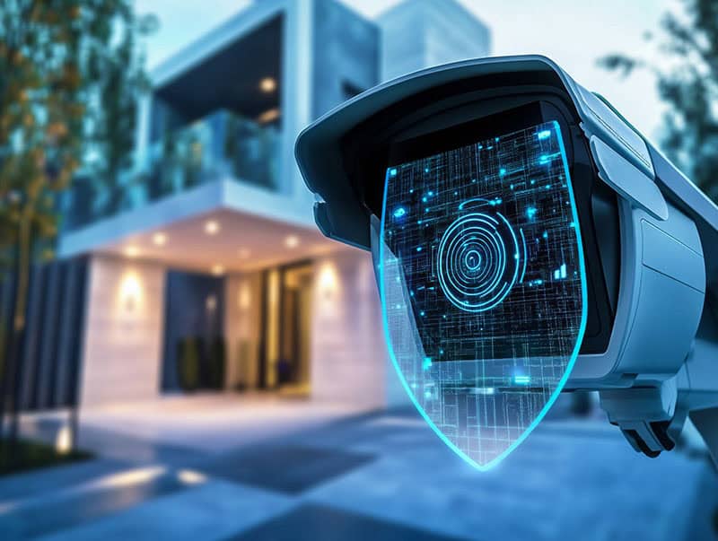 Security camera with digital shield for enhanced property protection.