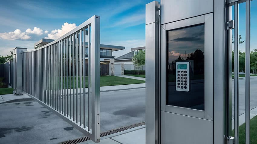 Access control gate with keypad for secure entry.
