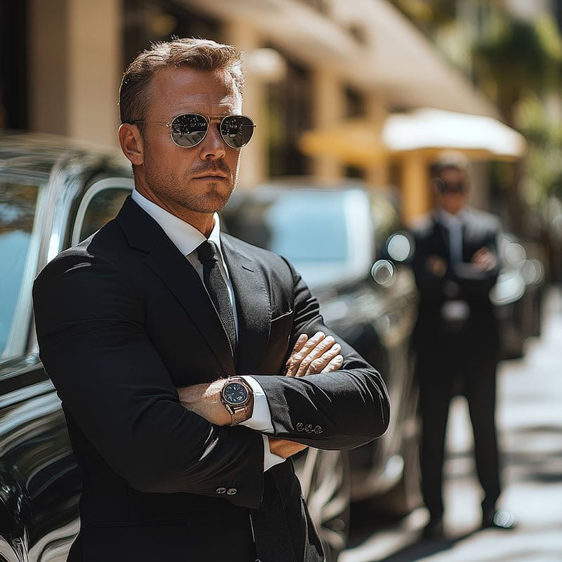 Confident security professional in suit and sunglasses standing outdoors.