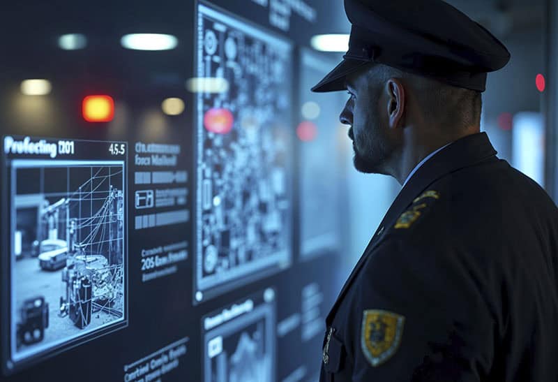 An ISEC Security officer monitoring security systems in a control room.